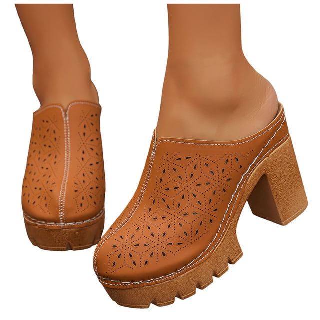 Pandaie Womens Platform Clogs Chunky High Heeled Closed Toe Sandals Flower Cutout Slip on Slides Backless Mules Casual Shoes Brown,7