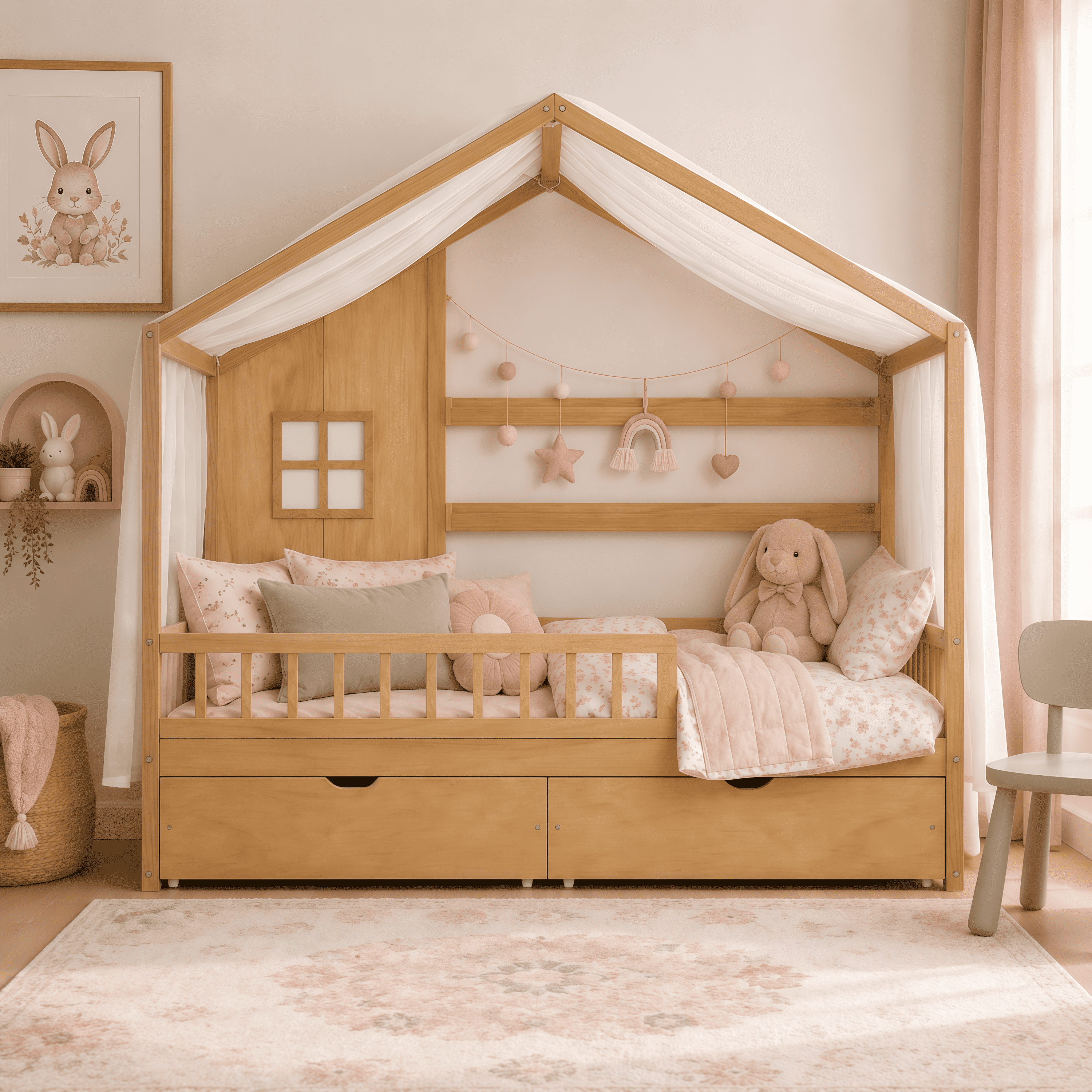 Euroco Wood Full Size House Bed with Roof and Curtains, Montessori Floor Bed with Drawers and Safety Guardrails,No Box Spring Needed, Natural