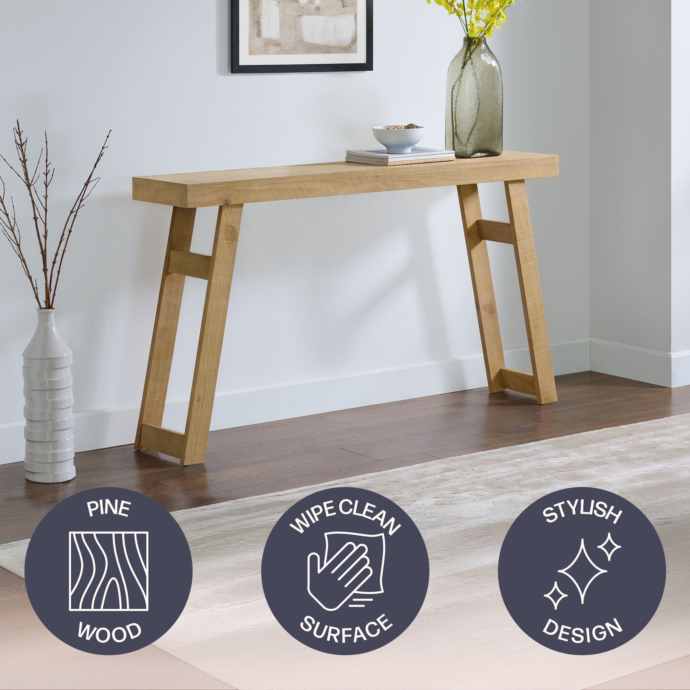 Alaterre Furniture Lawas Solid Wood Console Table - 56 Inch Modern Farmhouse Entryway Table, Light Oak