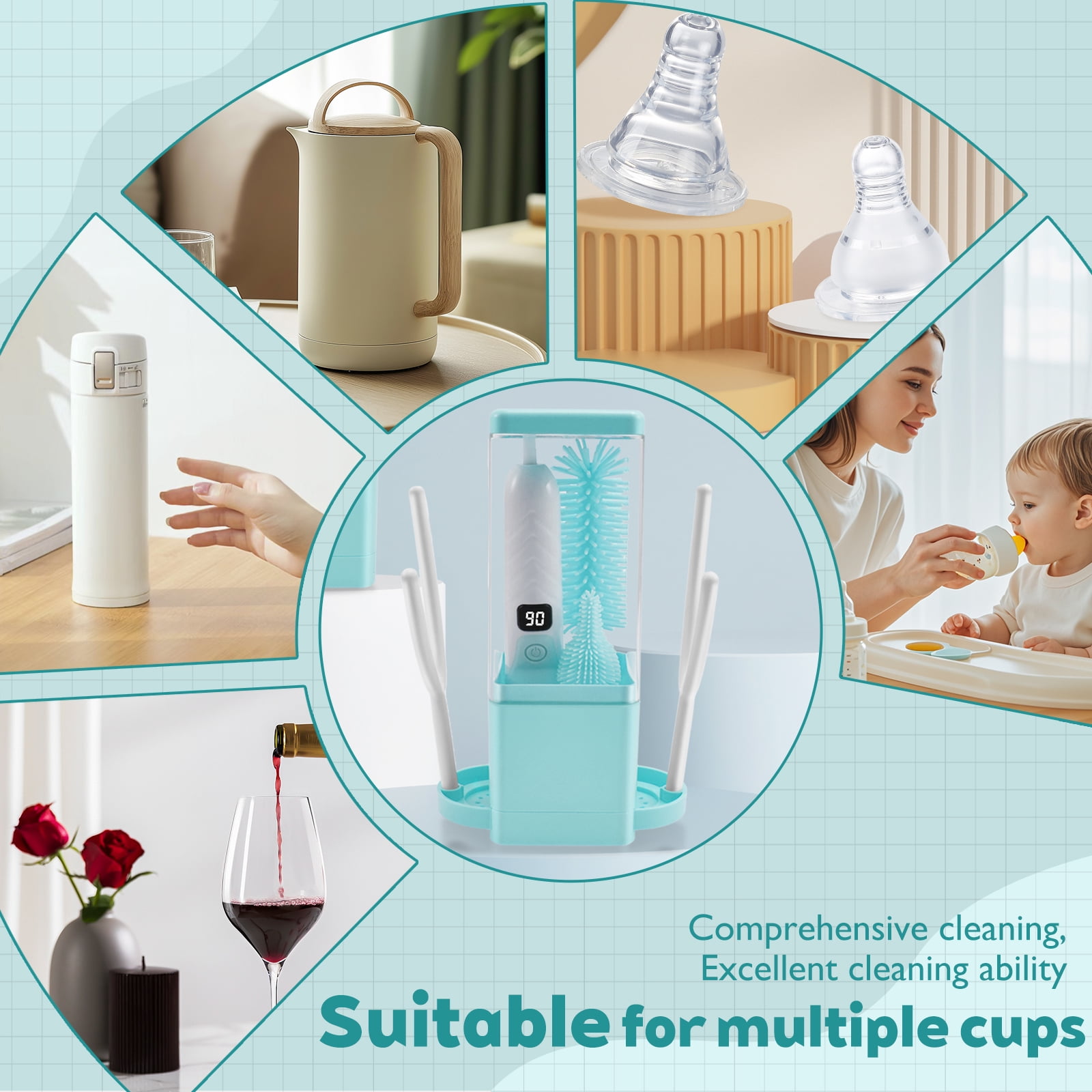 Silicone Plastic Multifunctional Electric Bottle Brush Set Adjustable Level Rechargeable Baby Bottle Cleaner With Indicator Light for Home Travel Use