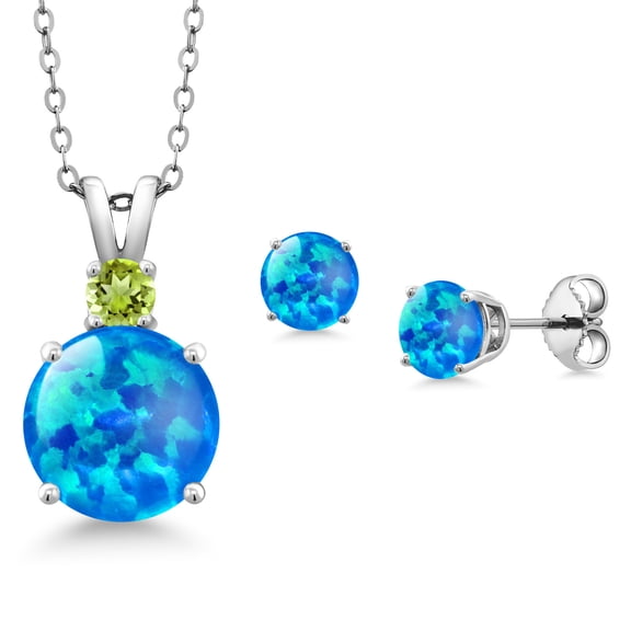 Gem Stone King 925 Sterling Silver Round Cabochon Blue Simulated Opal and Green Peridot Pendant and Earrings Jewelry Set for Women (2.15 Cttw, Gemstone Birthstone, with 18 inch Chain)