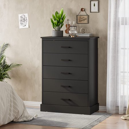 5 Drawer Dresser Clothes Organizer with Sturdy Base & “X” Steel Frame for Bedroom Living Room Black