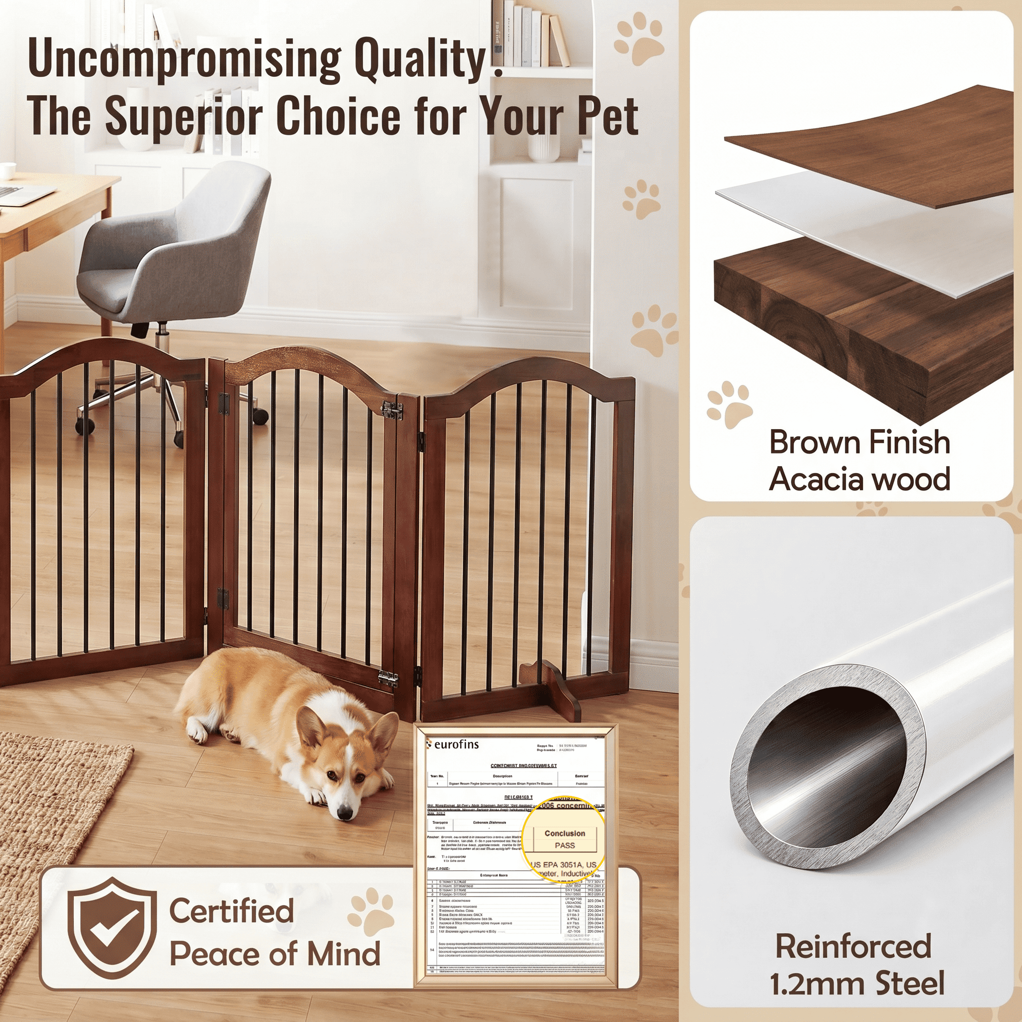 Prilinex 30″ Tall 4-Panel Dog Gate Freestanding, 96" W Foldable Dog Fence Pet Gate for Doorway Stairs, Brown