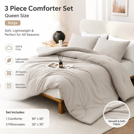 King Size Comforter Set Beige, 3 Piece Lightweight Down Alternative Quilted Bedding Set, All Season Breathable Soft Luxury Bedspread with 2 Pillowcases