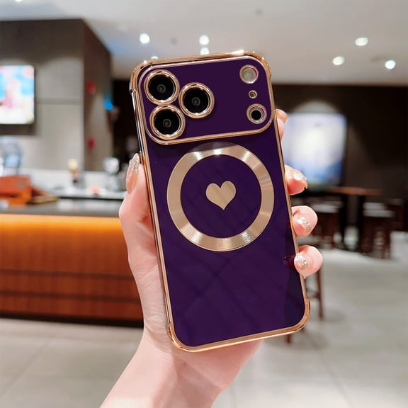 For iPhone 17 Pro Cute Love Heart Pattern Phone Case for Women Girls,Compatible with Magsafe Wireless Charging,Luxury Plating Edge Soft Silicone Shockproof Slim Phone Case,Darkpurple