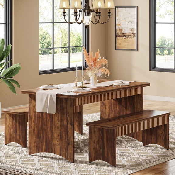 Fnova Farmhouse 55" 3-Piece Dining Set, Kitchen Table & 2 Benches Seats 4-6, Benches Tuck Under Table for Space-Saving, for Kitchen/Living Room/Home Office, Easy Assembly
