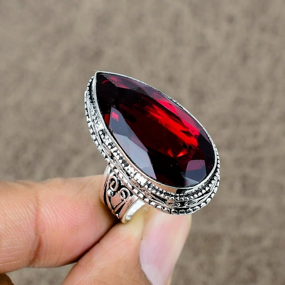 925 Sterling Silver Garnet Genstone Handmade Jewelry Ring Size 7
