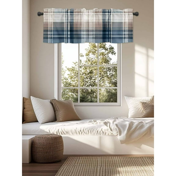 Kitchen Valances for Window, Vintage Geometric Plaid Light Filtering Rod Pocket Valance Curtain, Blue Brown Color Block Short Curtains Window Topper for Bedroom Bathroom Living Room 54x18in