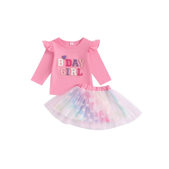 2-Piece Little Girls Skirt Clothing Set 12 18 24 Months 2T 3t 4T 5T Long Sleeve Letter Embroidered Sweatshirt Butterfly/Heart Puffy Gauze Skirt Outfits