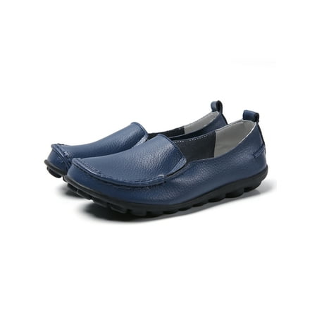 

Sanviglor Ladies Leather Shoes Round Toe Loafers Slip On Flats Walking Comfort Non-slip Casual Shoe Breathable Lightweight Dark Blue 9