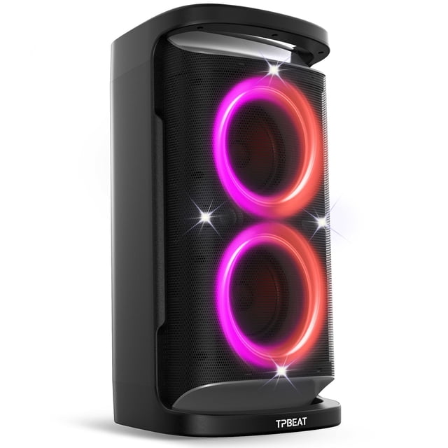 altavoz bluetooth portátil qxbjoy de 160 w con batería de subwoofer de 15 horas, vista frontal en 3/4 de torre negra con doble woofer tras rejilla perforada y anillos LED magenta/rojo activos; carcasa mate con base y nombre de marca visible; pensado para fiestas al aire libre o gimnasio; su formato portátil lo hace adecuado también para transportar pequeños equipos de DJ en viajes.