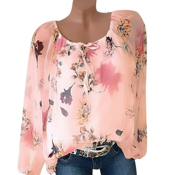 Bescita Womens O-Neck Flower Print Chiffon Blouse Long Sleeve Sweater