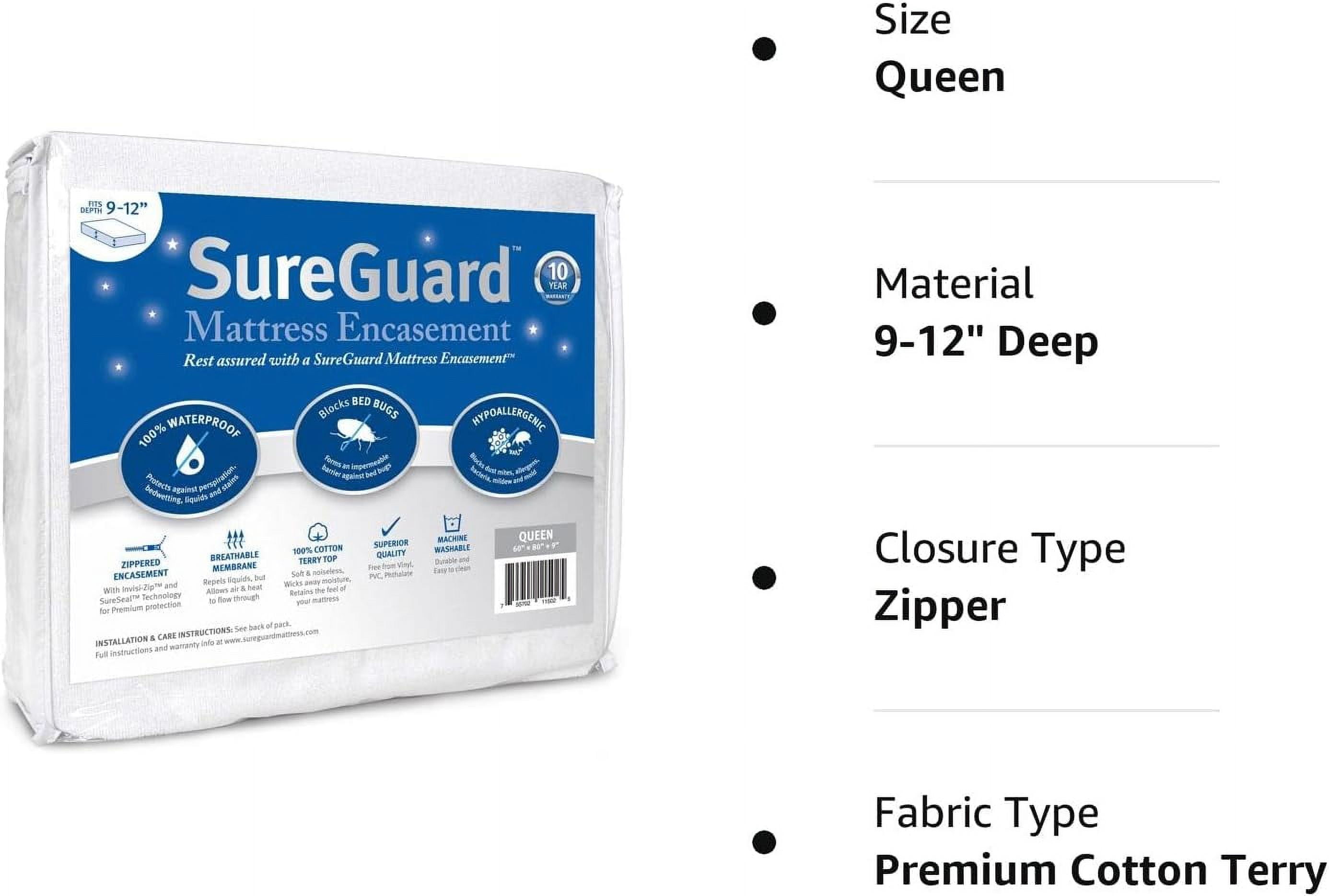 Queen (9-12 in. Deep) SureGuard Mattress Encasement - 100% Waterproof, Bed Bug Proof - Premium Zippered Six-Sided Cover