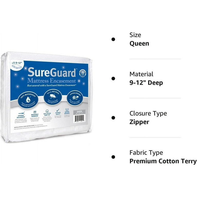SureGuard Full Size Mattress Protector - 100% Waterproof, Hypoallergenic -  Premium Fitted Cotton Terry Cover White