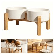 Elevated Ceramic Dog Bowl Set - Raised Pet Feeder with Non-Slip Bamboo Stand, Double Bowls for Small and Medium Dogs, 28.74 oz (850 ml)