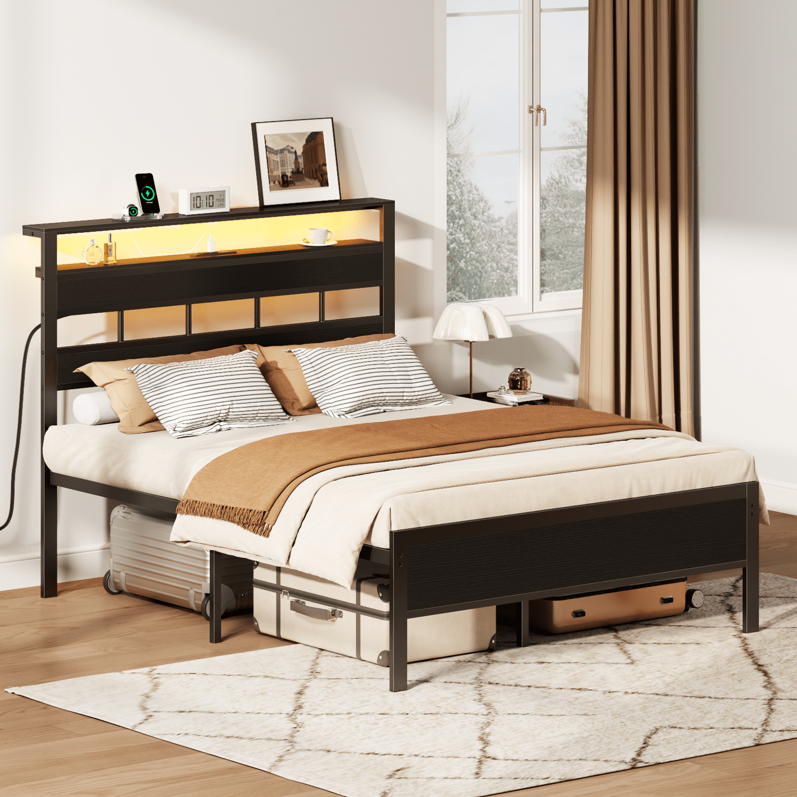 Glozzt Full Size Bed Frame with Upholstered Storage Headboard and LED Light, Platform Bed with Metal Slats, Noise Free Design