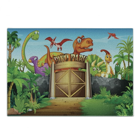 Zoo Cutting Board, Dinosaurs Living in Park Cartoon Prehistoric Wildlife Forest Trees Door Illustration, Decorative Tempered Glass Cutting and Serving Board, Small Size, Multicolor, by Ambesonne