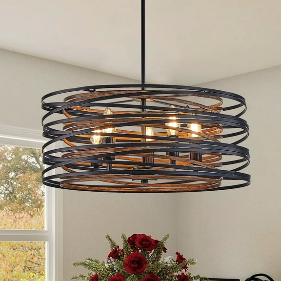 Farmhouse Drum Chandelier 5-Light Pendant Light, Black and Wood Finish, Adjustable Height for Dining Room, Kitchen Island, Foyer