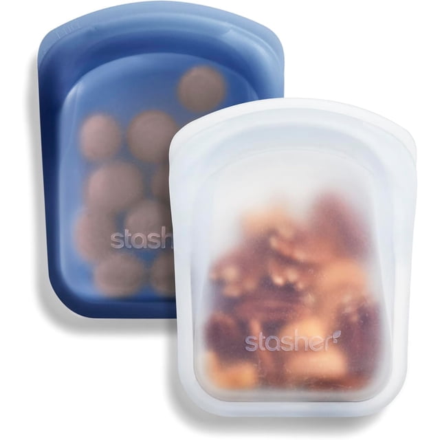 Stasher Bag Premium - Bolsas de silicona reutilizables para alimentos, paquete de 2, transparente + azul, versátiles bolsas para alimentos, bolsa de almuerzo, contenedor de viaje, boquilla