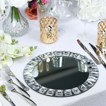 Efavormart 2 Pack 13 Inch Round Silver Jeweled Rim Premium Glass Mirror Charger Plates for Catering Events, Wedding Party Restaurant Dinner Parties