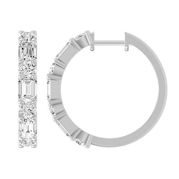 Araiya Fine Jewelry 14K White Gold Emerald and Round Shaped Lab Grown Diamond Hoop Earrings (3 1/8 cttw, D-F Color, VS1 Clarity)