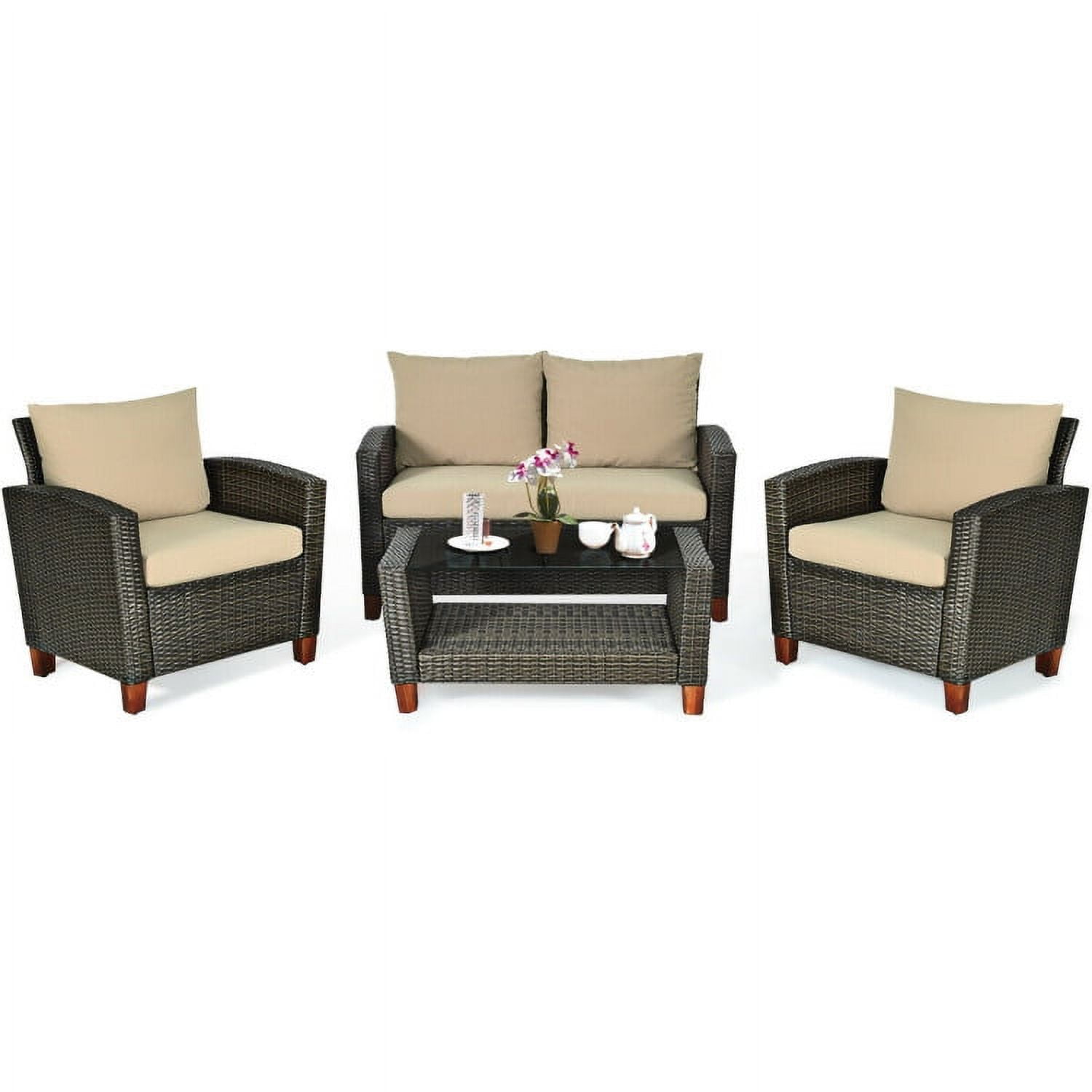 Aimee Lii 4 Pieces Patio Rattan Furniture Set with Cushions, Modern Patio Furniture Aimee Lii 4 Pieces Patio Rattan Furniture Set with Cushions, Modern Patio Furniture