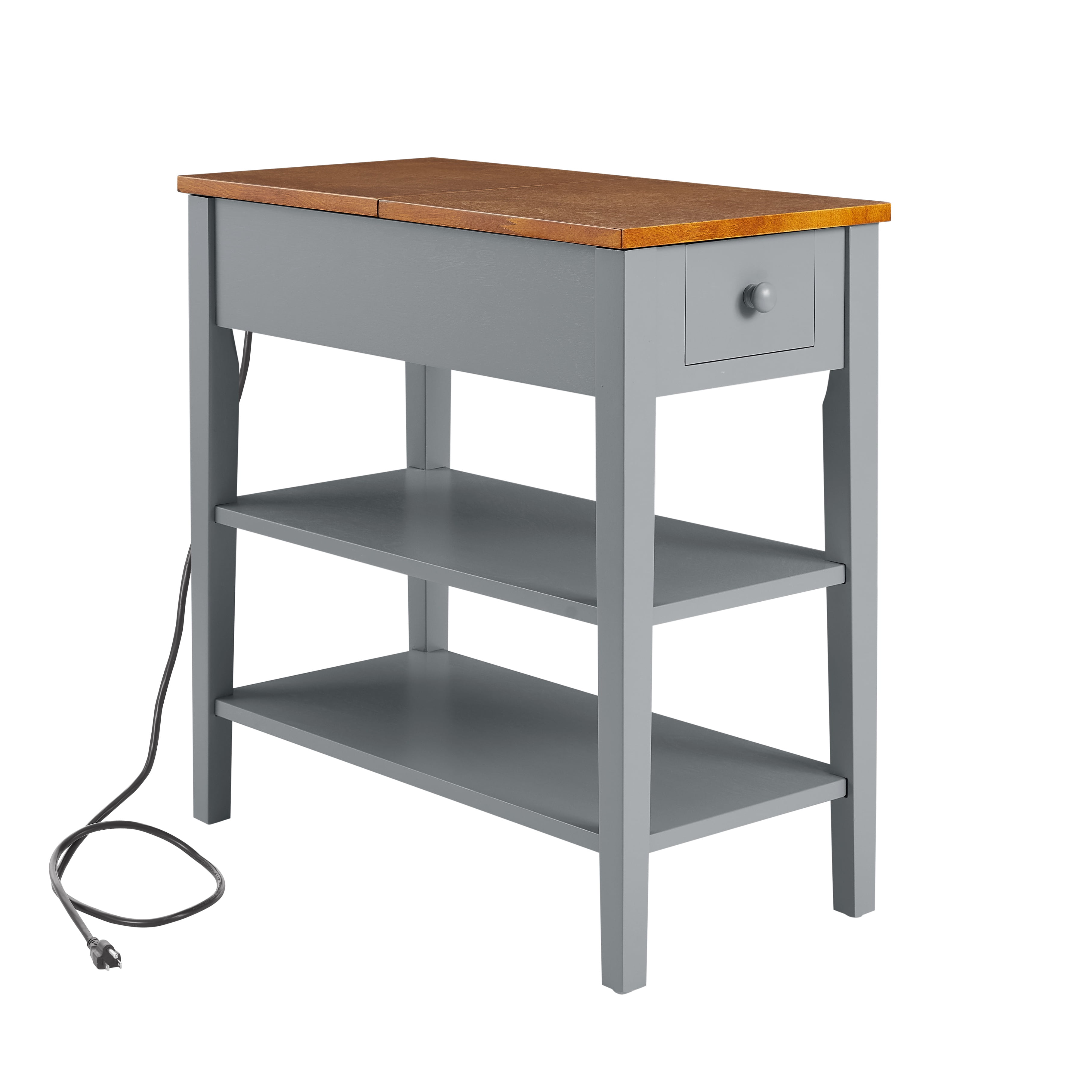 PORKISS End Table, Wooden Night Stand with USB Charging Ports and Open Shelves, Narrow Beside Table with Drawer, Flip Top and Solid Wood Legs, Modern Side Table for Living Room Bedroom, Gray/Walnut