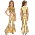 thumbnail image 5 of YiZYiF Girls 2Pcs Metallic Gloss Disco Dance Outfit Sequins Fringed Top with Split Bell Bottom Pants Dancewear Gold 6, 5 of 7