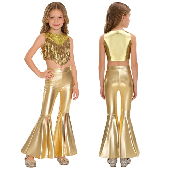Aislor Girls 2 Pcs 70s Disco Outfits Metallic Gloss Sleeveless Tassels Top with Split Bell-bottom Pants Dance Outift Gold 12