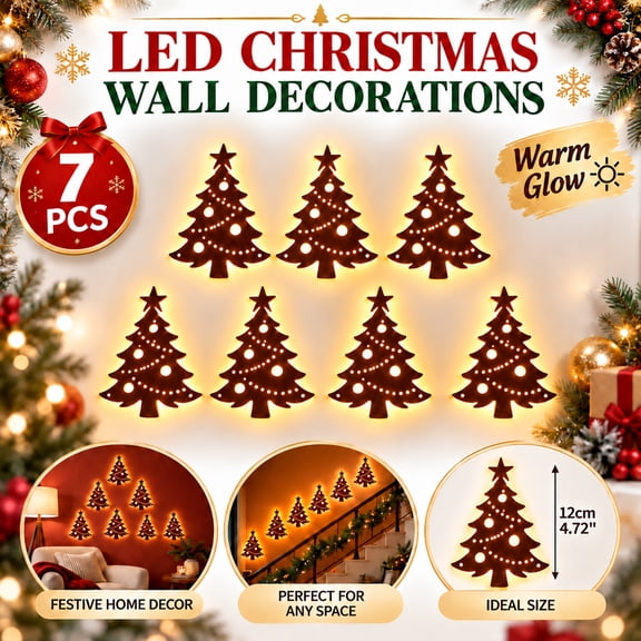 Velmasee 7 Pcs Wooden Christmas Tree LED Wall Decor - Hollow Out Backlit Rustic Farmhouse Light Up Christmas Tree Wall Stickers, Battery Operated Glowing Xmas Wall Art for Indoor Holiday Home Decor