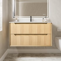 40 Inch Floating Bathroom Vanity with Sink, Pre-Assembled Natural Oak Grid Texture Front Multi-Layer Solid Wood Bathroom Sink Vanity, Wall Mounted with Integrated Stone Top and 2 Soft Close Drawers