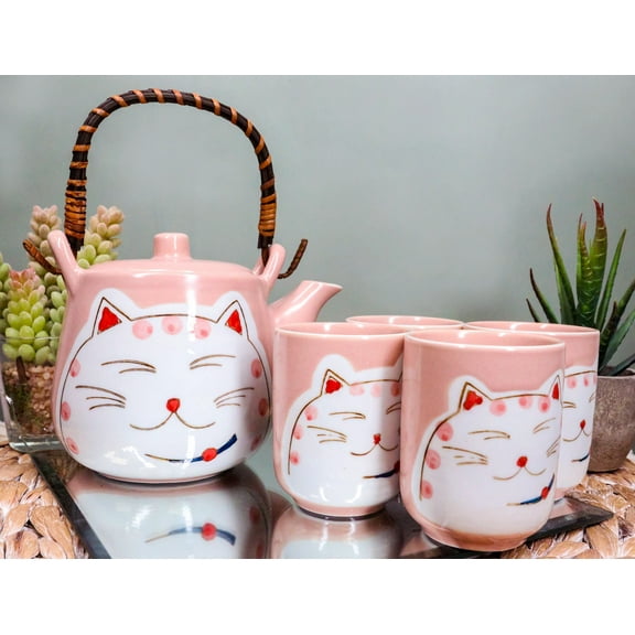 Maneki Neko Lucky Beckoning Cat Matte Pink 20oz Ceramic Tea Pot and Cups Set