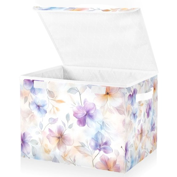 Yayeee Collapsible Cube Storage Bin with Lid Fabric Closet Decorative Basket with Handles, Purple Flower Pattern