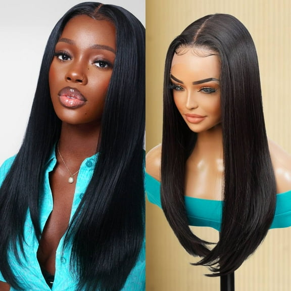GLAM21USA HD LACE Front Wig Straight 13X6 Deep Transparent Lace Frontal Wigs 23 Inch Human Hair & Synthetic Master Blend Swiss Lace Curly Long Wig - Athena (1B-OFFBLACK)