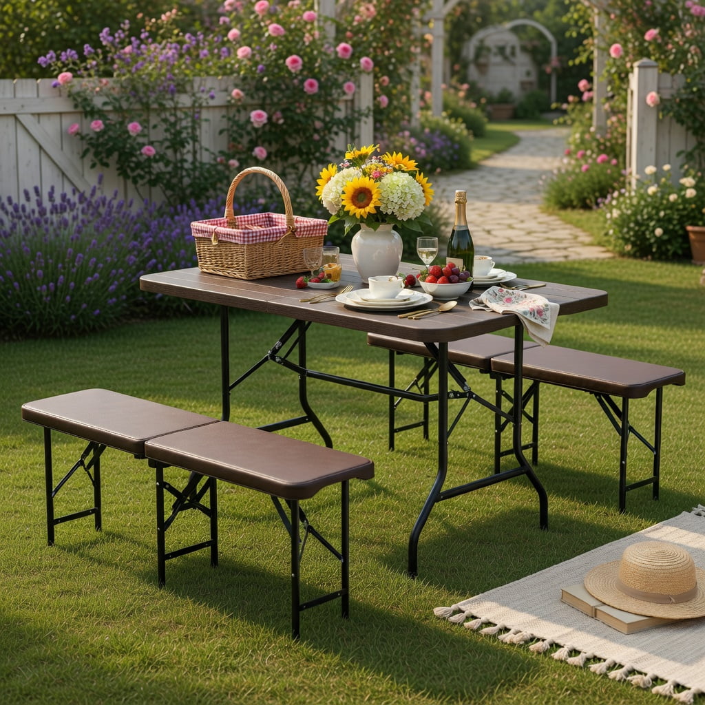 Hommoo 6 ft Folding Picnic Table with Weatherproof Wood-Grain HDPE Top, Heavy-Duty Metal Frame, Coffee