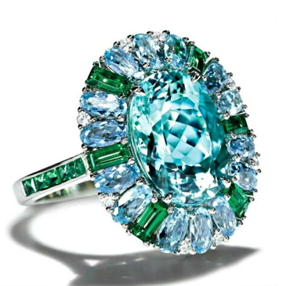 SmartBy Luxury Women Faux Emerald Aquamarine Flower Ring Wedding Party Jewelry Gift