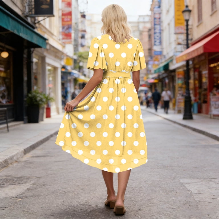 ClodeEU Women's Polka Dot Wrap Dress,V Neck Short Sleeve Casual Midi Dress with Pockets Beige,Women's Plus M
