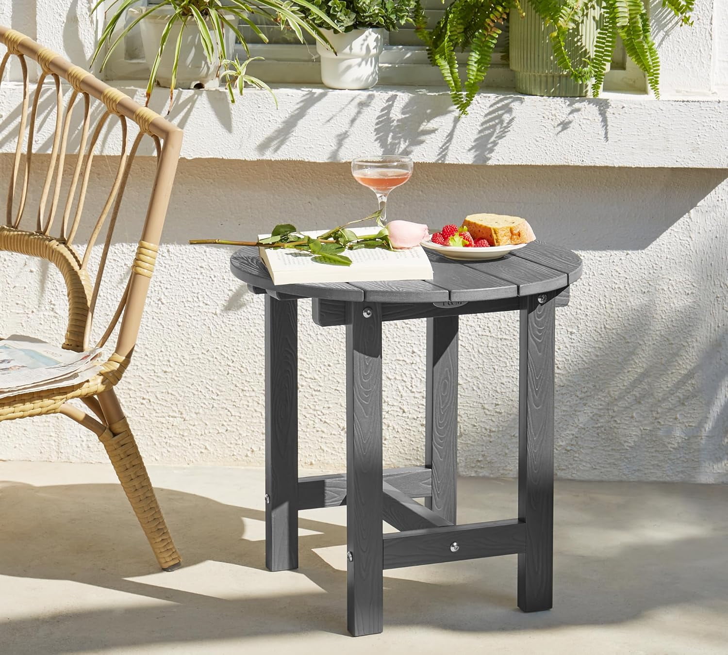 Y&M Outdoor Side Table, Waterproof Four-Legged Round Entryway End Table, Single-Tier HIPS Modern Small Coffee Nightstand for Bedroom, Living Room, Patio, Indoor or Outdoor Use, Dark Gray