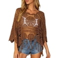 thumbnail image 3 of Women's Plain Fringe Trim Cut Out Sheer Cover Up Boho Scallop Trim 3/4 Sleeve Round Neck Crochet Cover Up Tops Beach Vacation, 3 of 11