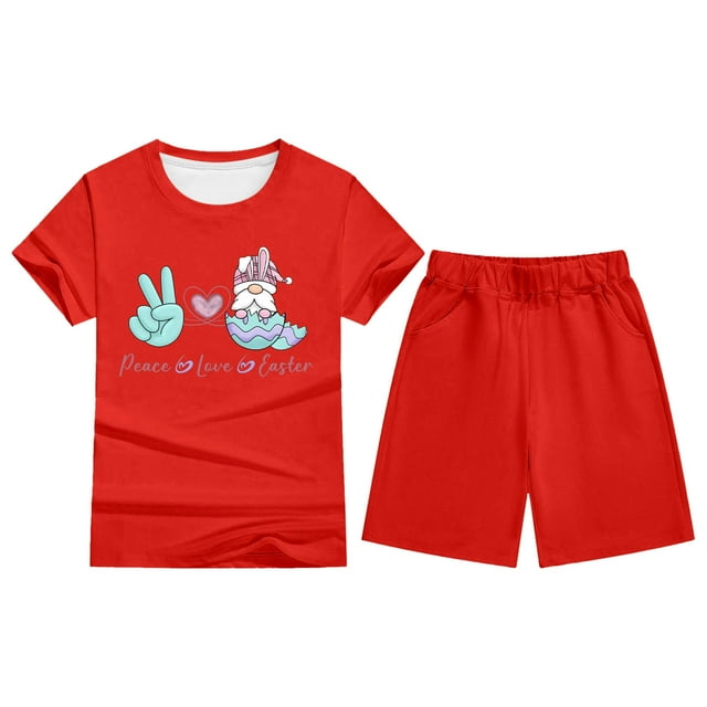 XDZJLR Tenue pour Tout-Petits Enfant Filles Ensembles Enfants Garçons Pâques Imprimé T-Shirt à Manches Courtes Haut et Shorts Pantalon Ensemble de Pyjama Rouge 2-3 Ans