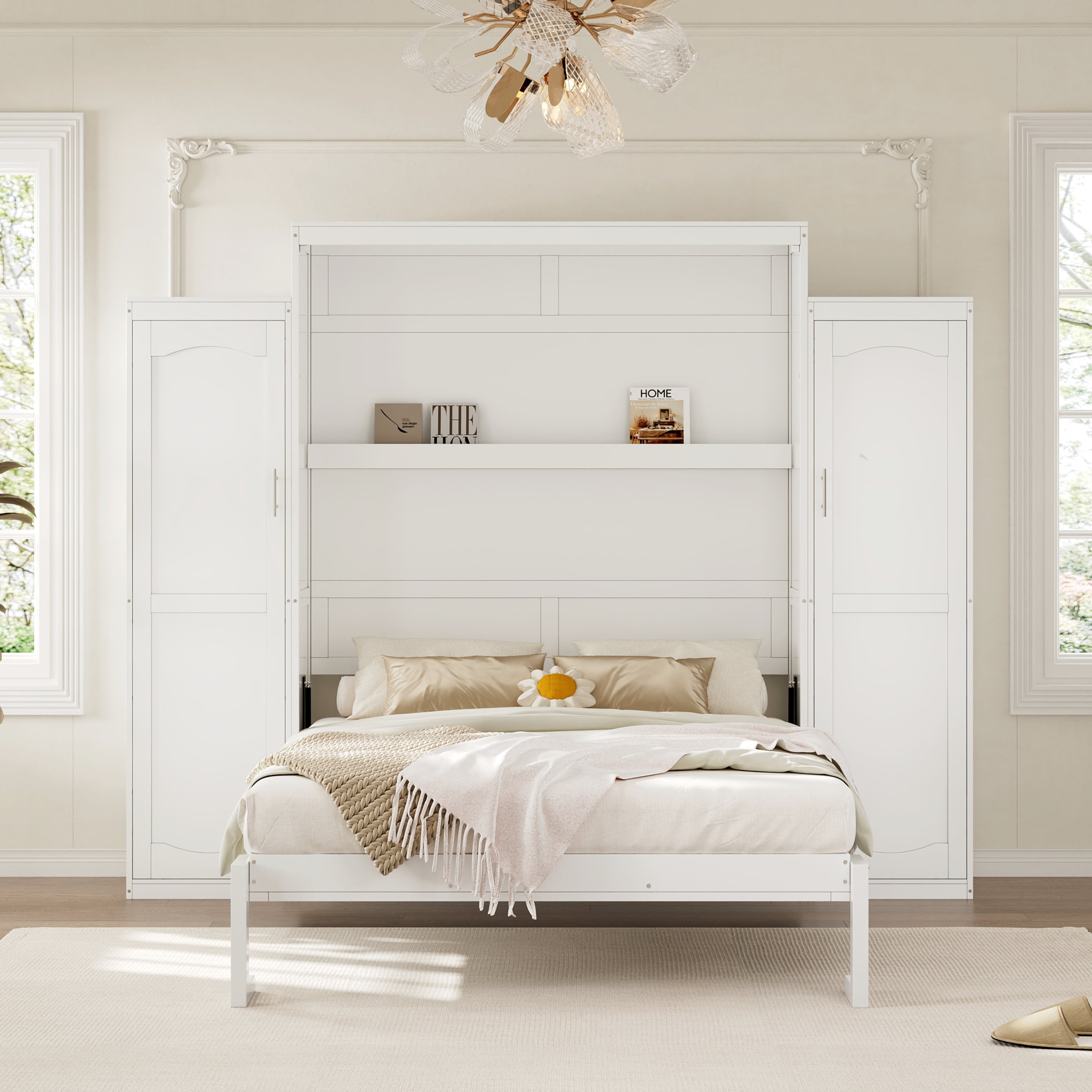 Euroco Wood Queen Size Murphy Bed with Storage Shelves, Wall Bed with Wardrobe for Bedroom