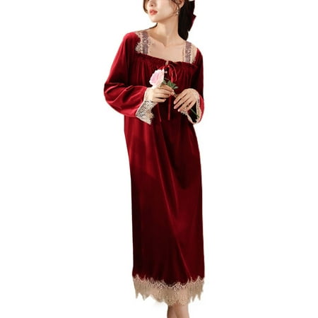 

Homgro Women s Vintage Pajamas Dress Long Nightgown Velour Velvet Elegant Bow Sleep Dress Square Neck Long Sleeve Mid-Length Burgundy X-Large