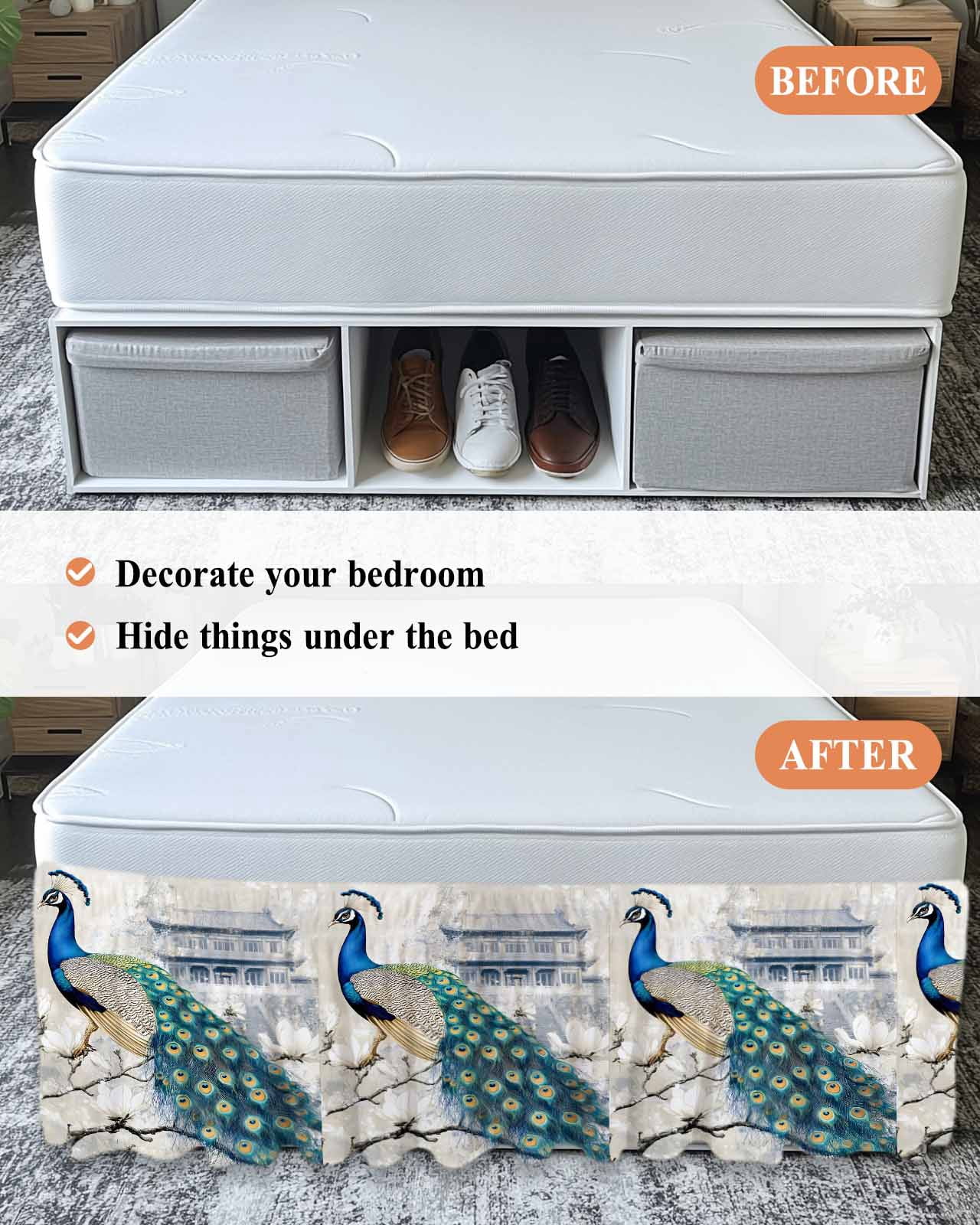 Elegant Peacock Wrap Around Bed Skirts for Queen Bed 16" Drop,Bed Skirt with Adjustable Elastic Belt Dust Ruffle Bed Valance for Bedroom Hotel Vintage Attic Magnificent Feathers Bed Frame Cover