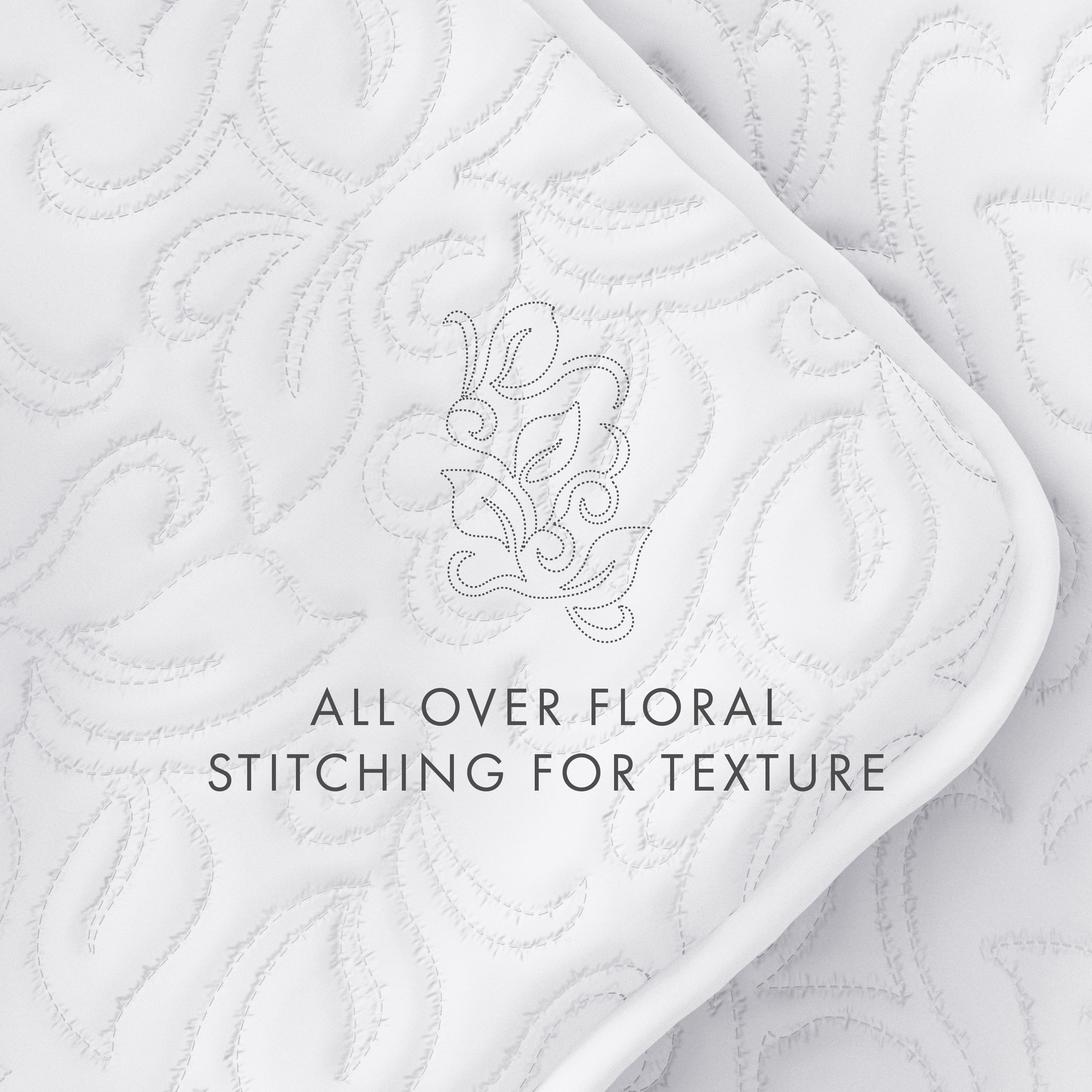 Noble Linens 3 Piece White Floral Stitch Quilt Set, Queen / Full