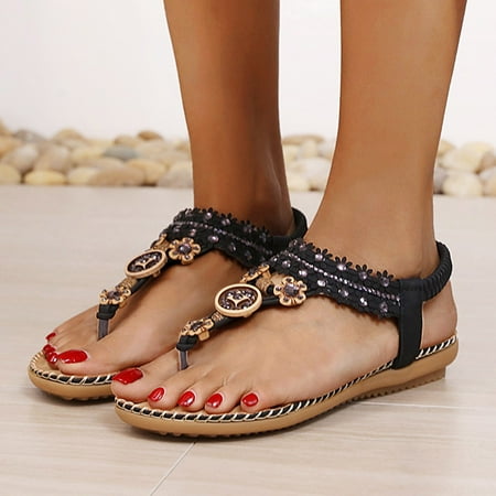 

〖Yilirongyumm〗 Black 38 Sandals Women Shoes Fashion Style Bohemian Comfortable Ethnic Simple Casual Rhinestone Flat Sandals Women s Retro Women s Sandals