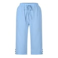 thumbnail image 3 of Womens Elastic High Waist Capri Pants Summer Casual Loose Fit Capris Wide Leg Cotton Linen Pants, 3 of 9