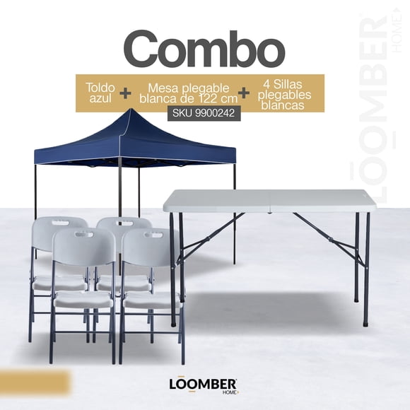 Combo de Mesa de 122 cm y 4 Sillas Plegables con Toldo Azul Impermeable