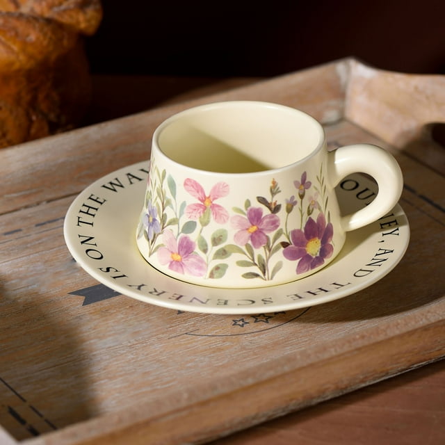 85oz Chinese Floral Ceramic Coffee Cup Set Style White Orange Porcelain Tea Cup Elegant Design