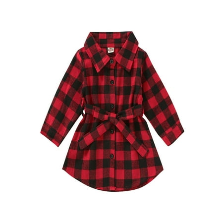 

Toddler Infants Kids Baby Girl Red and Black Plaid Shirt Dress Long Sleeve Tie Dress Mini Dress
