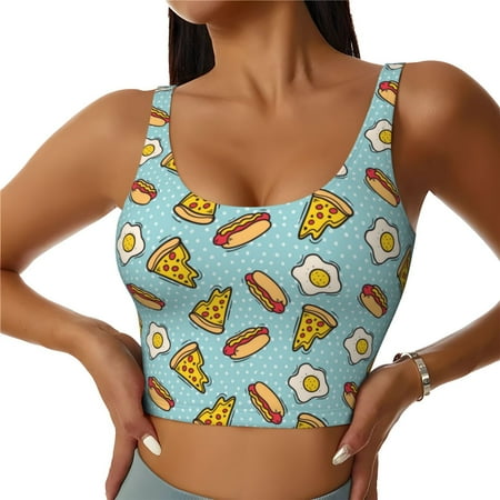 Qokaie Hot Dog Pizza Pattern Womens Scoop Neck Sports Bra Breathable Workout Vest Padded U Back Medium Impact Fitness Gym Yoga Bra Workout Crop Top-Medium